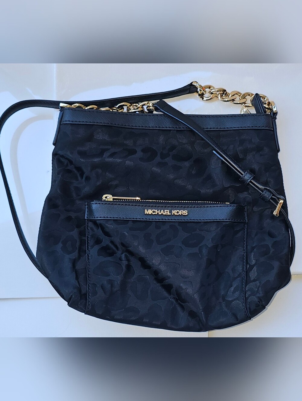 Michael Kors Black Leopard Jacquard Shoulder Bag with Gold Hardware